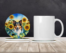 Load image into Gallery viewer, Sheltie in Sunflowers Large Sandstone Coasters Pack of 4