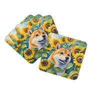 Load image into Gallery viewer, Shiba Inu in Sunflowers Coasters - Set of 4 Lightweight Foam, Absorbent Drink Coasters