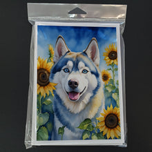 Load image into Gallery viewer, Siberian Husky in Sunflowers Greeting Cards - Blank Note Cards – 8-Pack of Artist-Designed Cards with Envelopes