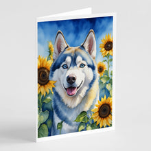 Load image into Gallery viewer, Siberian Husky in Sunflowers Greeting Cards - Blank Note Cards – 8-Pack of Artist-Designed Cards with Envelopes