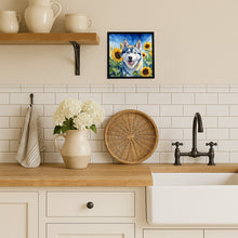 Load image into Gallery viewer, Siberian Husky in Sunflowers Framed Metal Print
