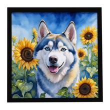 Load image into Gallery viewer, Siberian Husky in Sunflowers Framed Metal Print