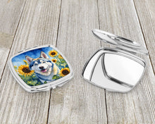 Load image into Gallery viewer, Siberian Husky in Sunflowers Compact Mirror – Stylish Purse Mirror with Artistic Covers