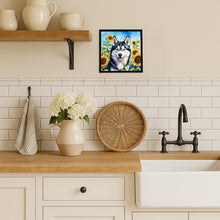 Load image into Gallery viewer, Siberian Husky in Sunflowers Framed Metal Print