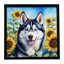 Load image into Gallery viewer, Siberian Husky in Sunflowers Framed Metal Print