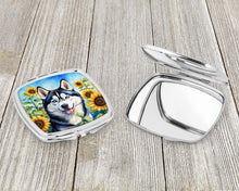 Load image into Gallery viewer, Siberian Husky in Sunflowers Compact Mirror – Stylish Purse Mirror with Artistic Covers