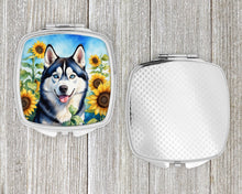 Load image into Gallery viewer, Siberian Husky in Sunflowers Compact Mirror – Stylish Purse Mirror with Artistic Covers