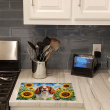 Load image into Gallery viewer, Welsh Springer Spaniel in Sunflowers Cutting Board Tempered Glass Kitchen Cutting Surface, Heat Resistant Chopping Board with Non-Slip Feet, Decorative Food Prep &amp; Serving