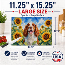 Load image into Gallery viewer, Welsh Springer Spaniel in Sunflowers Cutting Board Tempered Glass Kitchen Cutting Surface, Heat Resistant Chopping Board with Non-Slip Feet, Decorative Food Prep &amp; Serving