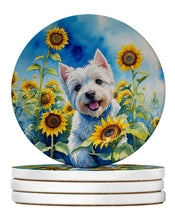 Load image into Gallery viewer, Westie in Sunflowers Large Sandstone Coasters Pack of 4