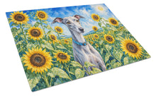 Load image into Gallery viewer, Whippet in Sunflowers Cutting Board Tempered Glass Kitchen Cutting Surface, Heat Resistant Chopping Board with Non-Slip Feet, Decorative Food Prep &amp; Serving