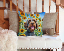 Load image into Gallery viewer, Wirehaired Pointing Griffon in Sunflowers Throw Pillow - 14x14 Decorative Pillow – Art for Your Home &amp; Patio