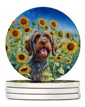 Load image into Gallery viewer, Wirehaired Pointing Griffon in Sunflowers Large Sandstone Coasters Pack of 4