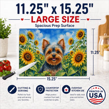 Load image into Gallery viewer, Yorkshire Terrier in Sunflowers Cutting Board Tempered Glass Kitchen Cutting Surface, Heat Resistant Chopping Board with Non-Slip Feet, Decorative Food Prep &amp; Serving