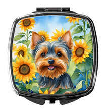 Load image into Gallery viewer, Yorkshire Terrier in Sunflowers Compact Mirror – Stylish Purse Mirror with Artistic Covers