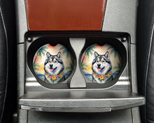 Load image into Gallery viewer, Alaskan Malamute Luau Car Coasters – Set of 2 - Absorbent Stone with Fun &amp; Functional Artwork