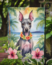 Load image into Gallery viewer, American Hairless Terrier Luau Garden Flag – Tropical Dog Decor with Hibiscus &amp; Palm Leaves