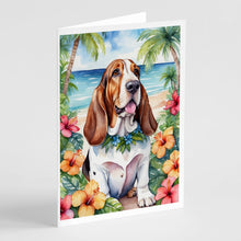 Load image into Gallery viewer, Basset Hound Luau Greeting Cards - Blank Note Cards – 8-Pack of Artist-Designed Cards with Envelopes