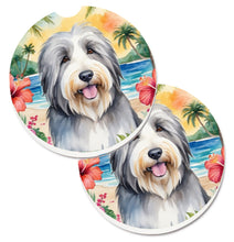 Load image into Gallery viewer, Bearded Collie Luau Car Coasters – Set of 2 - Absorbent Stone with Fun &amp; Functional Artwork