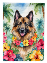 Load image into Gallery viewer, Belgian Tervuren Luau Garden Flag – Tropical Dog Decor with Hibiscus &amp; Palm Leaves