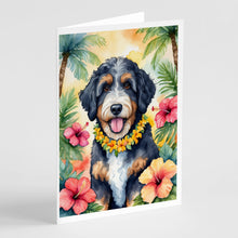 Load image into Gallery viewer, Bernedoodle Luau Greeting Cards - Blank Note Cards – 8-Pack of Artist-Designed Cards with Envelopes