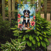 Load image into Gallery viewer, Bernese Mountain Dog Luau Garden Flag – Tropical Dog Decor with Hibiscus &amp; Palm Leaves