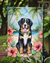 Load image into Gallery viewer, Bernese Mountain Dog Luau Garden Flag – Tropical Dog Decor with Hibiscus &amp; Palm Leaves