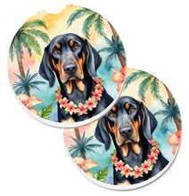 Load image into Gallery viewer, Black and Tan Coonhound Luau Car Coasters – Set of 2 - Absorbent Stone with Fun &amp; Functional Artwork