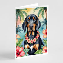 Load image into Gallery viewer, Black and Tan Coonhound Luau Greeting Cards - Blank Note Cards – 8-Pack of Artist-Designed Cards with Envelopes