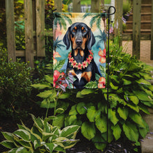 Load image into Gallery viewer, Black and Tan Coonhound Luau Garden Flag – Tropical Dog Decor with Hibiscus &amp; Palm Leaves