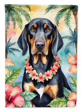 Load image into Gallery viewer, Black and Tan Coonhound Luau Garden Flag – Tropical Dog Decor with Hibiscus &amp; Palm Leaves