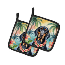 Load image into Gallery viewer, Black and Tan Coonhound Luau Pot Holders - Set of 2 Decorative Kitchen Helpers | Made in the USA