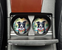 Load image into Gallery viewer, Border Collie Luau Car Coasters – Set of 2 - Absorbent Stone with Fun &amp; Functional Artwork