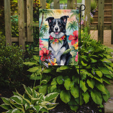 Load image into Gallery viewer, Border Collie Luau Garden Flag – Tropical Dog Decor with Hibiscus &amp; Palm Leaves