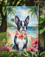 Load image into Gallery viewer, Boston Terrier Luau Garden Flag – Tropical Dog Decor with Hibiscus &amp; Palm Leaves