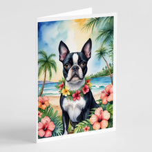 Load image into Gallery viewer, Boston Terrier Luau Greeting Cards - Blank Note Cards – 8-Pack of Artist-Designed Cards with Envelopes