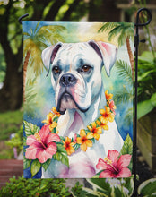 Load image into Gallery viewer, White Boxer Luau Garden Flag – Tropical Dog Decor with Hibiscus &amp; Palm Leaves