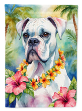 Load image into Gallery viewer, White Boxer Luau Garden Flag – Tropical Dog Decor with Hibiscus &amp; Palm Leaves