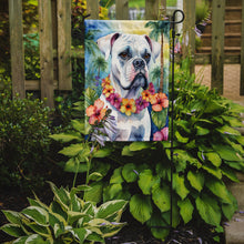 Load image into Gallery viewer, White Boxer Luau Garden Flag – Tropical Dog Decor with Hibiscus &amp; Palm Leaves
