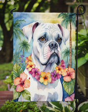 Load image into Gallery viewer, White Boxer Luau Garden Flag – Tropical Dog Decor with Hibiscus &amp; Palm Leaves
