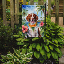 Load image into Gallery viewer, Brittany Spaniel Luau Garden Flag – Tropical Dog Decor with Hibiscus &amp; Palm Leaves