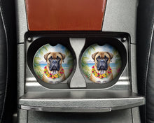 Load image into Gallery viewer, Bullmastiff Luau Car Coasters – Set of 2 - Absorbent Stone with Fun &amp; Functional Artwork