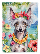 Load image into Gallery viewer, Chinese Crested Luau Garden Flag – Tropical Dog Decor with Hibiscus &amp; Palm Leaves