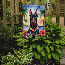 Load image into Gallery viewer, Doberman Pinscher Luau Garden Flag – Tropical Dog Decor with Hibiscus &amp; Palm Leaves