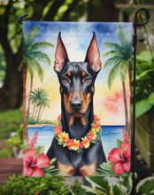 Load image into Gallery viewer, Doberman Pinscher Luau Garden Flag – Tropical Dog Decor with Hibiscus &amp; Palm Leaves