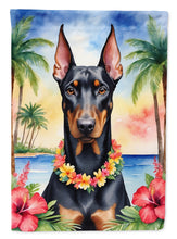 Load image into Gallery viewer, Doberman Pinscher Luau Garden Flag – Tropical Dog Decor with Hibiscus &amp; Palm Leaves
