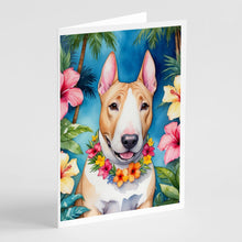 Load image into Gallery viewer, English Bull Terrier Luau Greeting Cards - Blank Note Cards – 8-Pack of Artist-Designed Cards with Envelopes