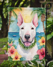 Load image into Gallery viewer, English Bull Terrier Luau Garden Flag – Tropical Dog Decor with Hibiscus &amp; Palm Leaves