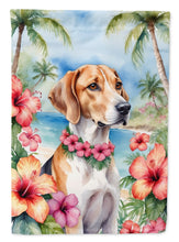 Load image into Gallery viewer, English Foxhound Luau Garden Flag – Tropical Dog Decor with Hibiscus &amp; Palm Leaves