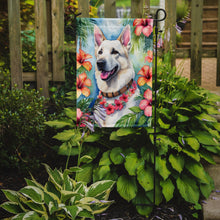 Load image into Gallery viewer, White German Shepherd Luau Garden Flag – Tropical Dog Decor with Hibiscus &amp; Palm Leaves